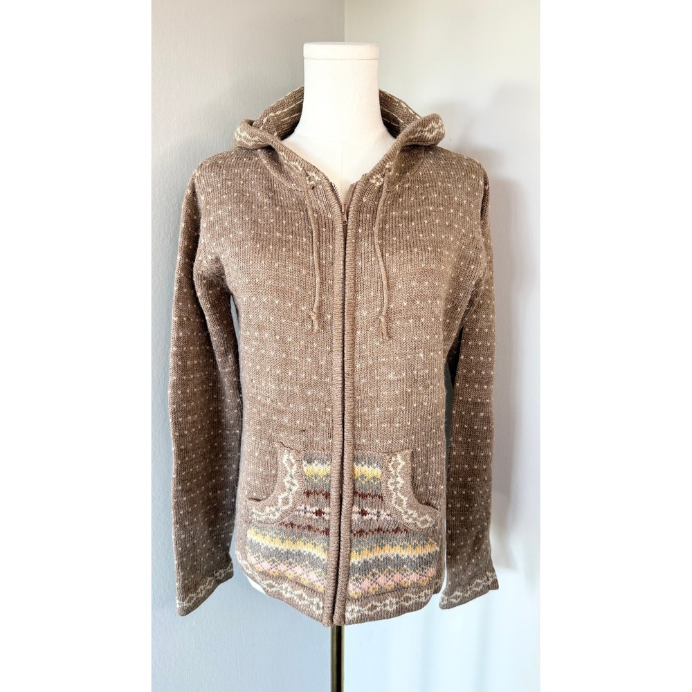 Vintage Tiara International Brown Fair Isle Hooded Zip Cardigan Sweater L Ramie